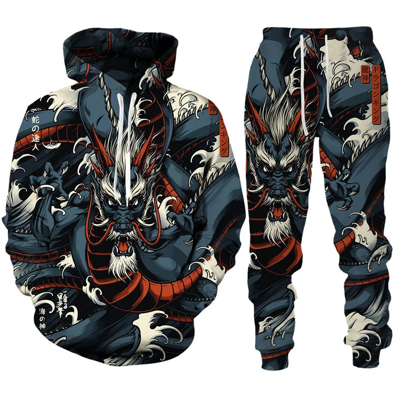 Tracksuit Sets Man Hoodie Japan Samurai Mask Tattoo Art 3D Print Casual Fashion Harajuku Streetwear Clothes For Men Clothing