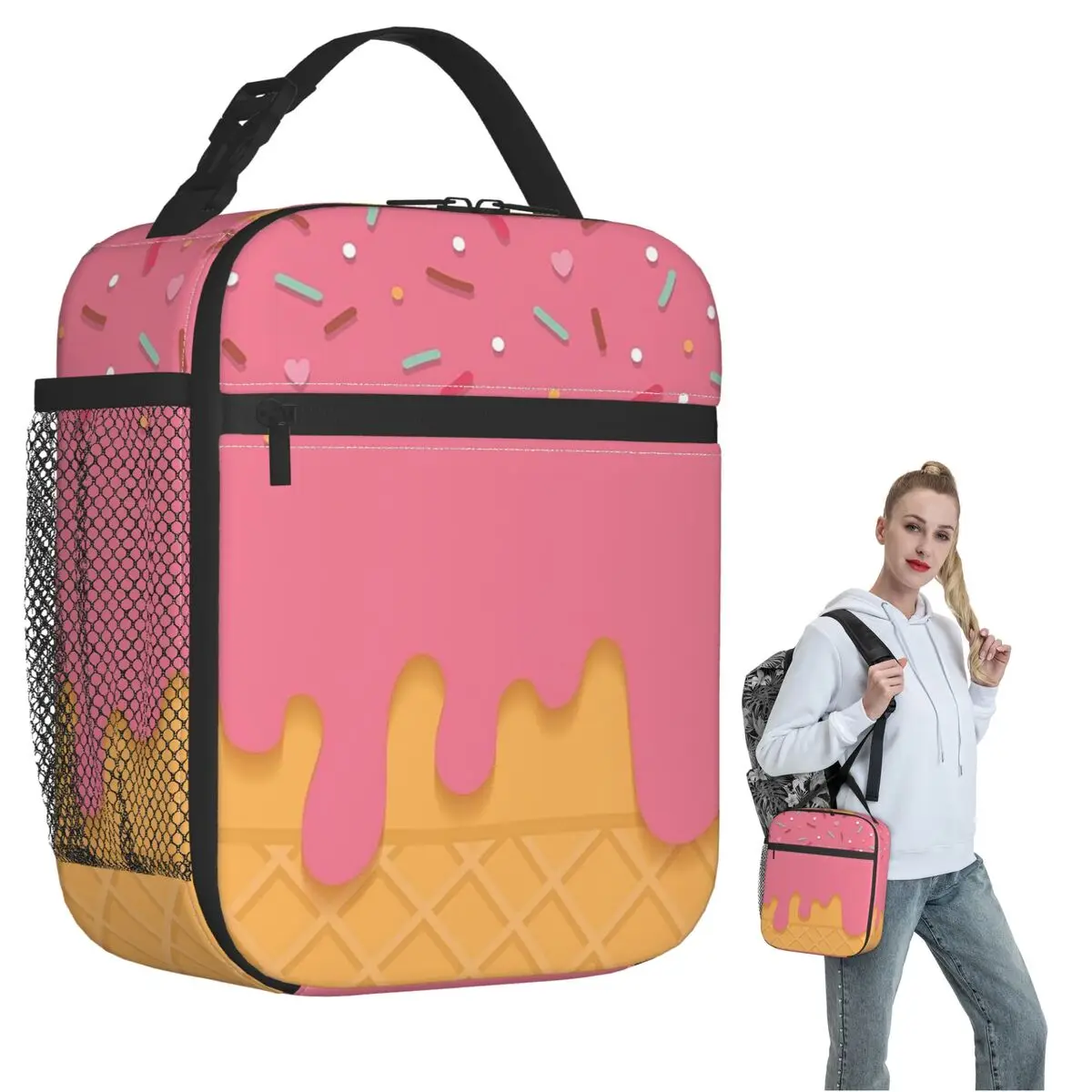 Pink Ice Cream Insulated Lunch Bag for Women Kids Portable Food Boxes Thermal Lunch Box Tote