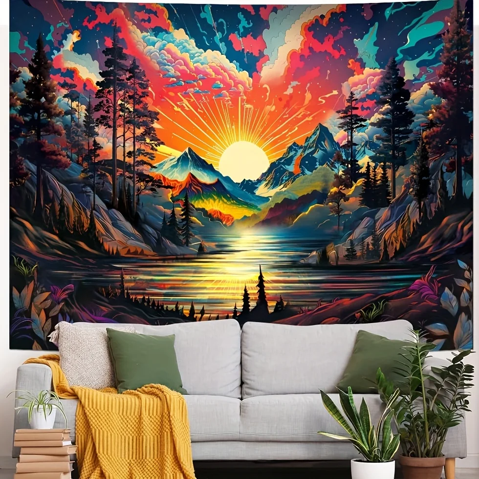 Bohemian Boho Sunset Mountain Landscape Tapestry Wall Hanging Polyester Print Room Decor Aesthetic Art Backdrop for Bedroom Livi