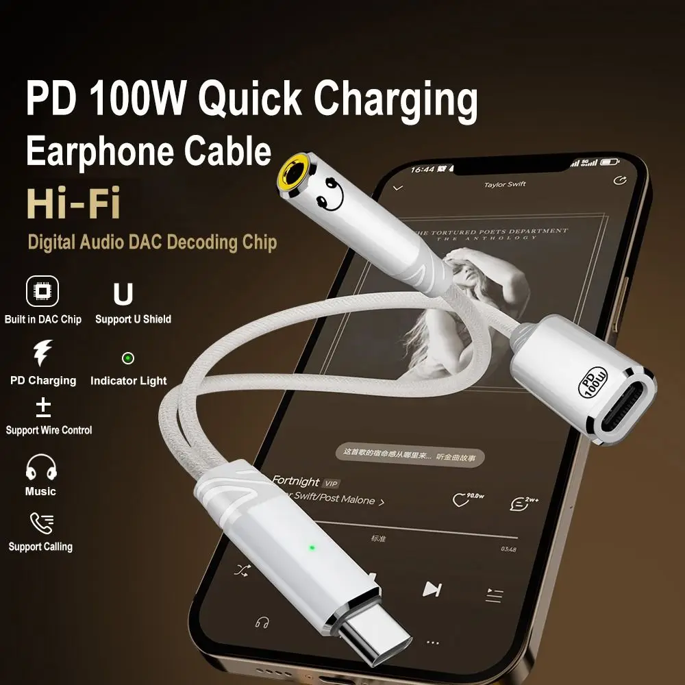 

PD 100W USB-C to 3.5mm Audio Adapter 2 in 1 Wire Control Headphone Cable Converter Data Transmission for Mobile Phone Tablet
