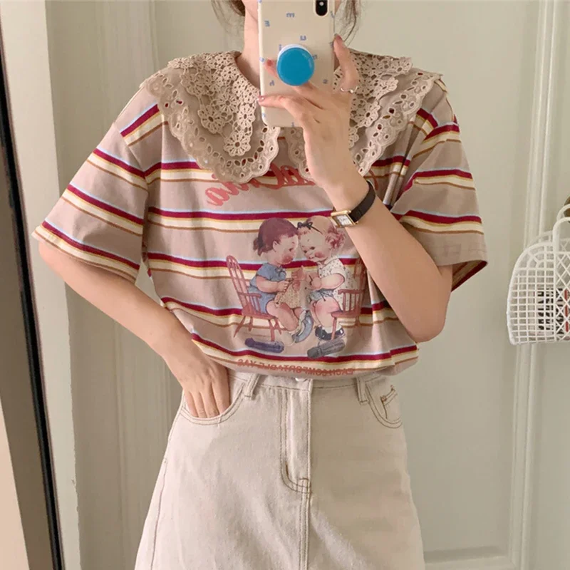 Komiyama Summer Lace Peter Pan Collar Tees Hit Color Stripe Y2k Tops Korean Style Ropa Mujer Vintage Short Sleeve T Shirt