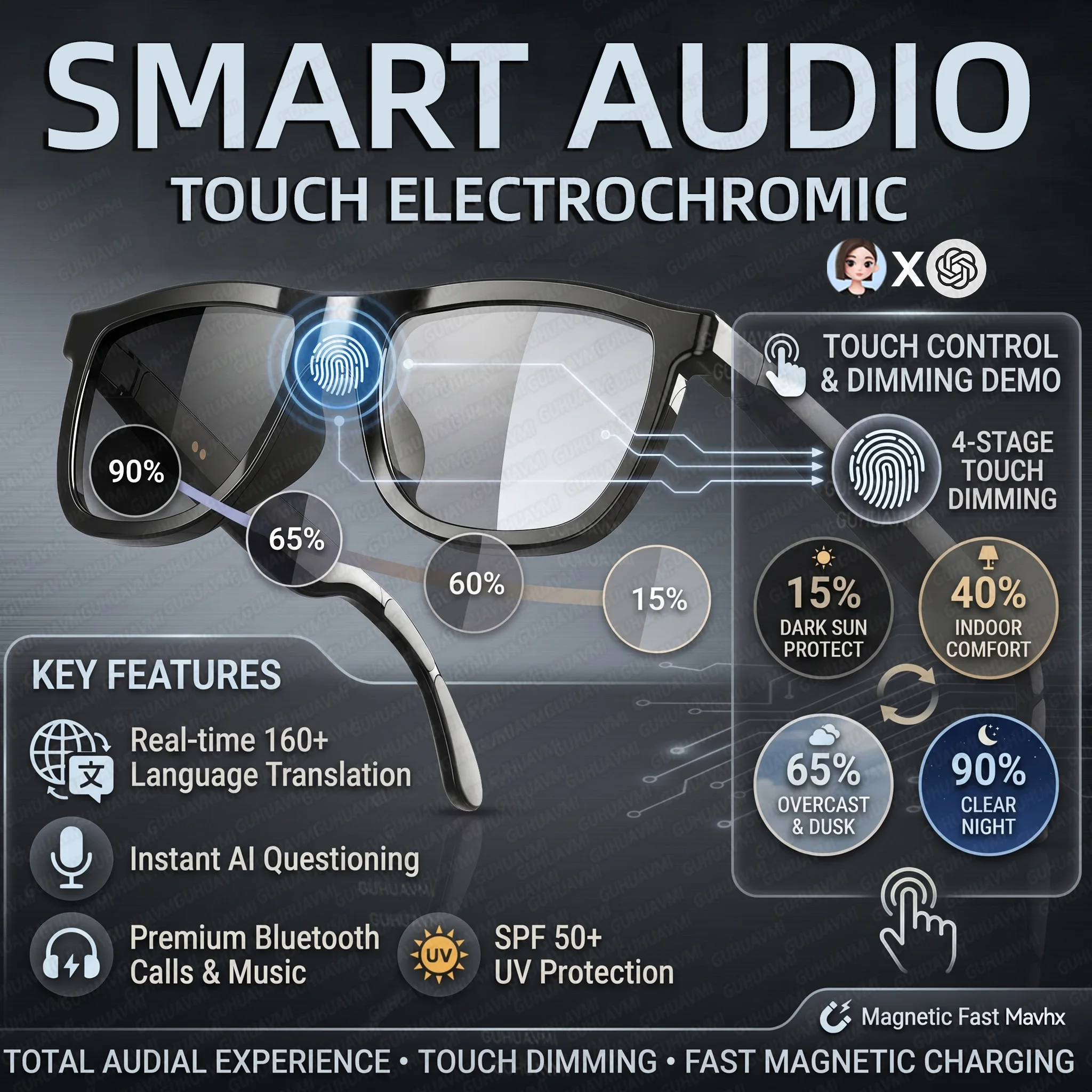 2026New Business Travel Touch Electrochromic Smart Audio Glasses With AI Translation Call Music Dual-Mic Touch-color Glasses Me