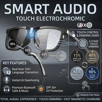 Okulary Smart Audio z Elektrochromicznymi Szkłami Dotykowymi, AI Tłumaczeniem, Rozmowami, Muzyką i Podwójnym Mikrofonem, Sterowane Dotykowo - Nowość 2026 do Podróży Służbowych
