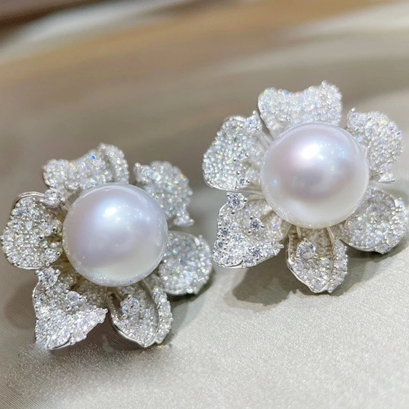 MeiBaPJ 925 Genuine Silver Luxurious Natural Freshwater Pearl Flower Stud Earrings Fine Wedding Jewelry for Women