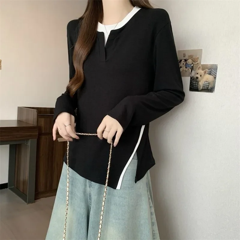 Women Color Block Notch Collar Long Sleeve T Shirt Irregular Hem Slim Casual Basic Top
