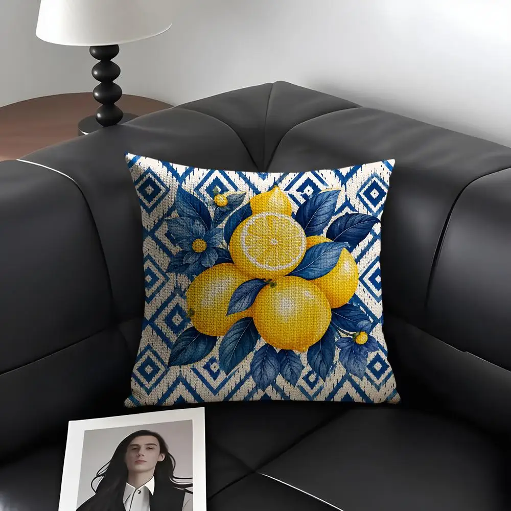 Blue Tile Mediterranean Lemon Cushion Cover Natural Linen Organic Fabric Double-Sided Printing Breathable Perfect Gift For Decor