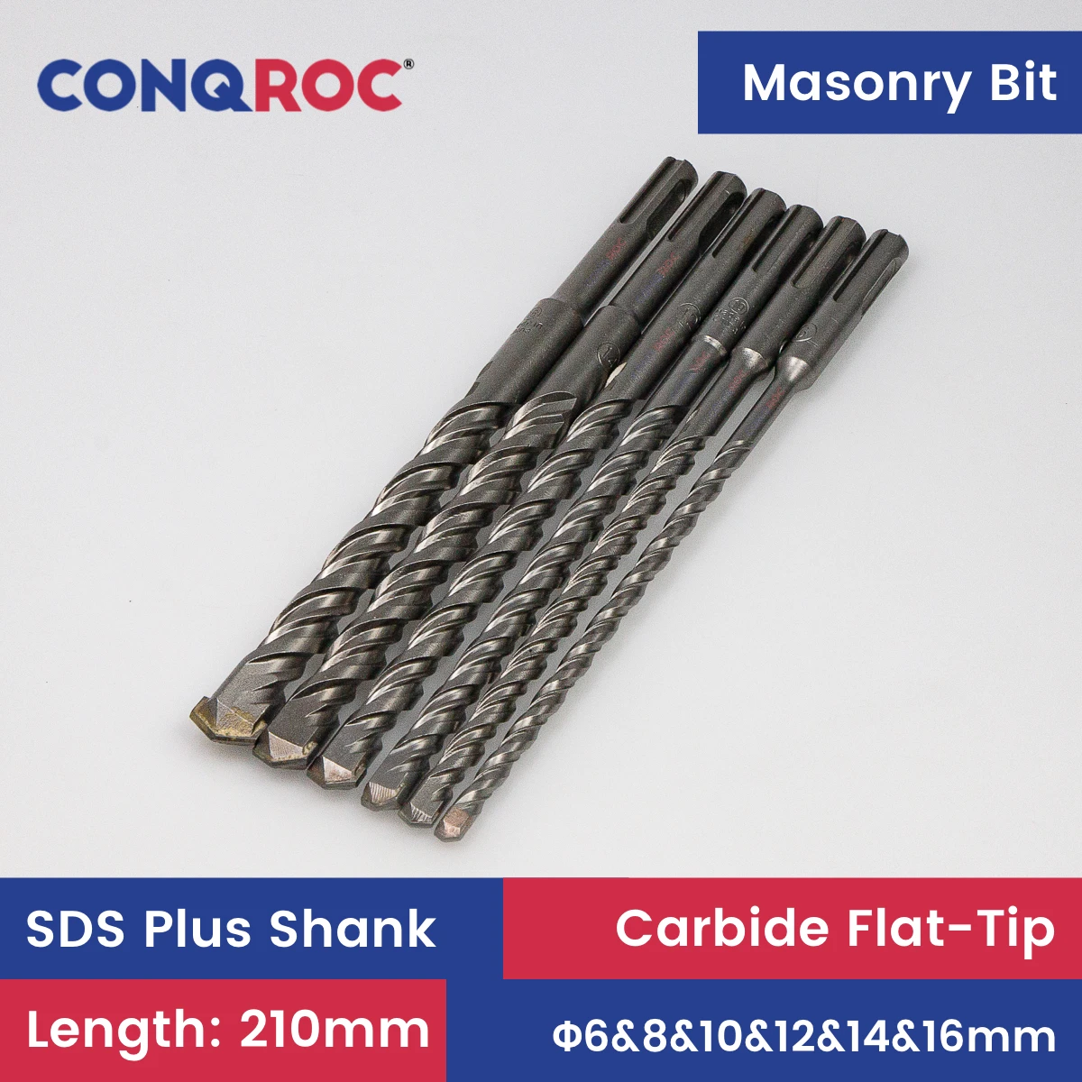 Masonry Drill Bits SDS Plus Shank Carbide Flat-Tip Length-210mm 6-Size Diameter-6mm&8mm&10mm&12mm&14mm&16mm