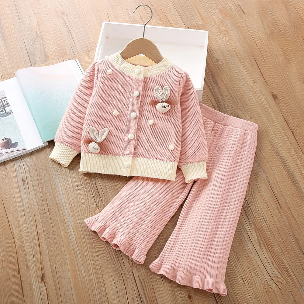 Girl Clothes Set Sweater Cardigan Knit Wide Leg Pants Flare Baby Toddler Girls Suits Jacket Coat Cute Rabbit Kid Children Outfit