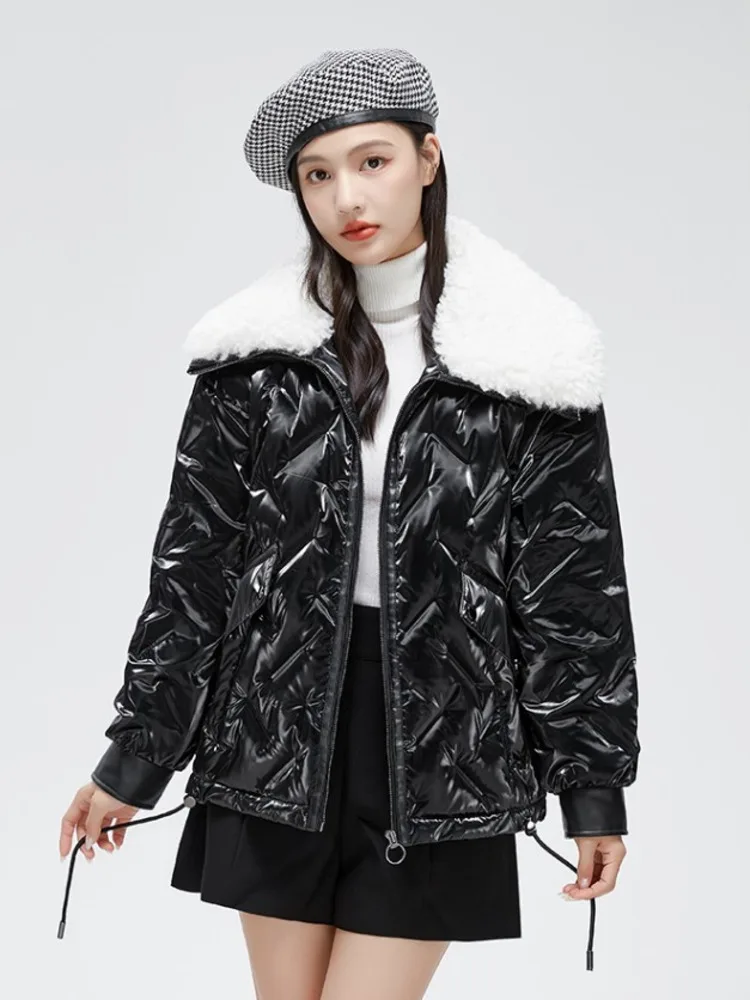 TXii Winter Short Glossy Down Jacket Patchwork Lamb Wool Puffer Jacket Thickened Coat 2023 New Elegant Puffer Jacket Women