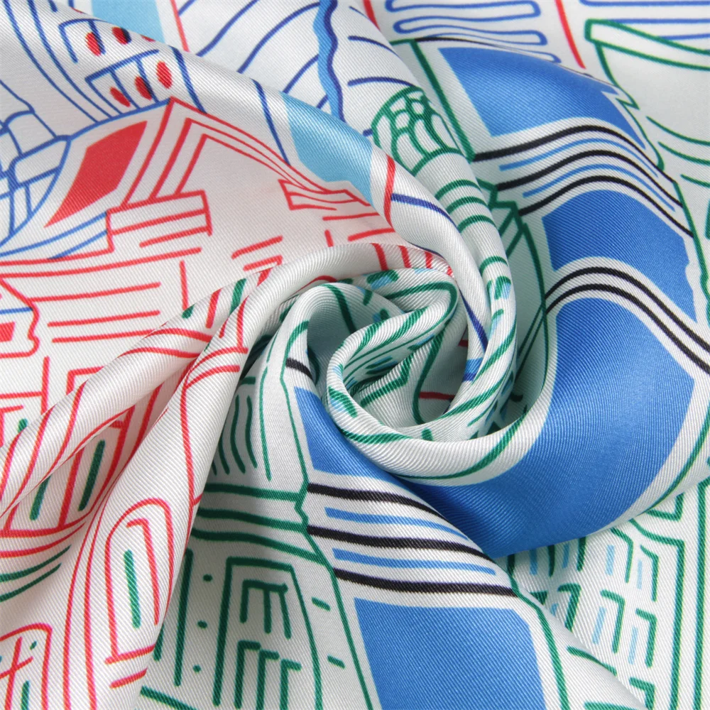 Silk Scarf Women City Buliding Print Square Scarves Head Echarpes Silk Foulards Femme Wraps Beach Shawl Bandana Lady Hijabs 90CM