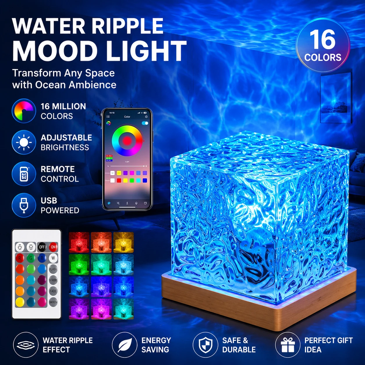 LED Cube Night Light Ocean Aurora Projector 16 Colors RGB Table Lamp 1200mAh Recargable For Bedroom Decor Children Gift