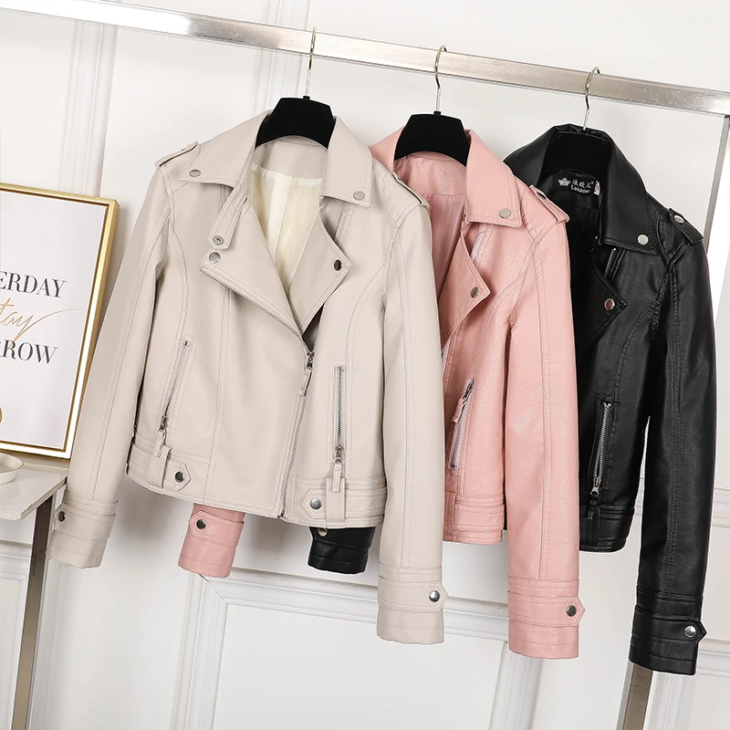 Neue Rosa/beige/schwarz frauen Kleidung kurze motorrad PU Leder Jacke Koreanische version der frühling und herbst jacke mäntel