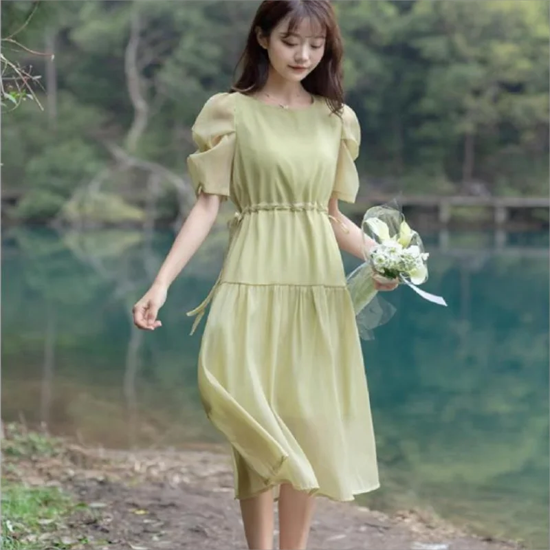 New French Tea Break First Love Kawaii Gentle Waist Long Skirt Chiffon Bubble Sleeve Elegant Dress Summer