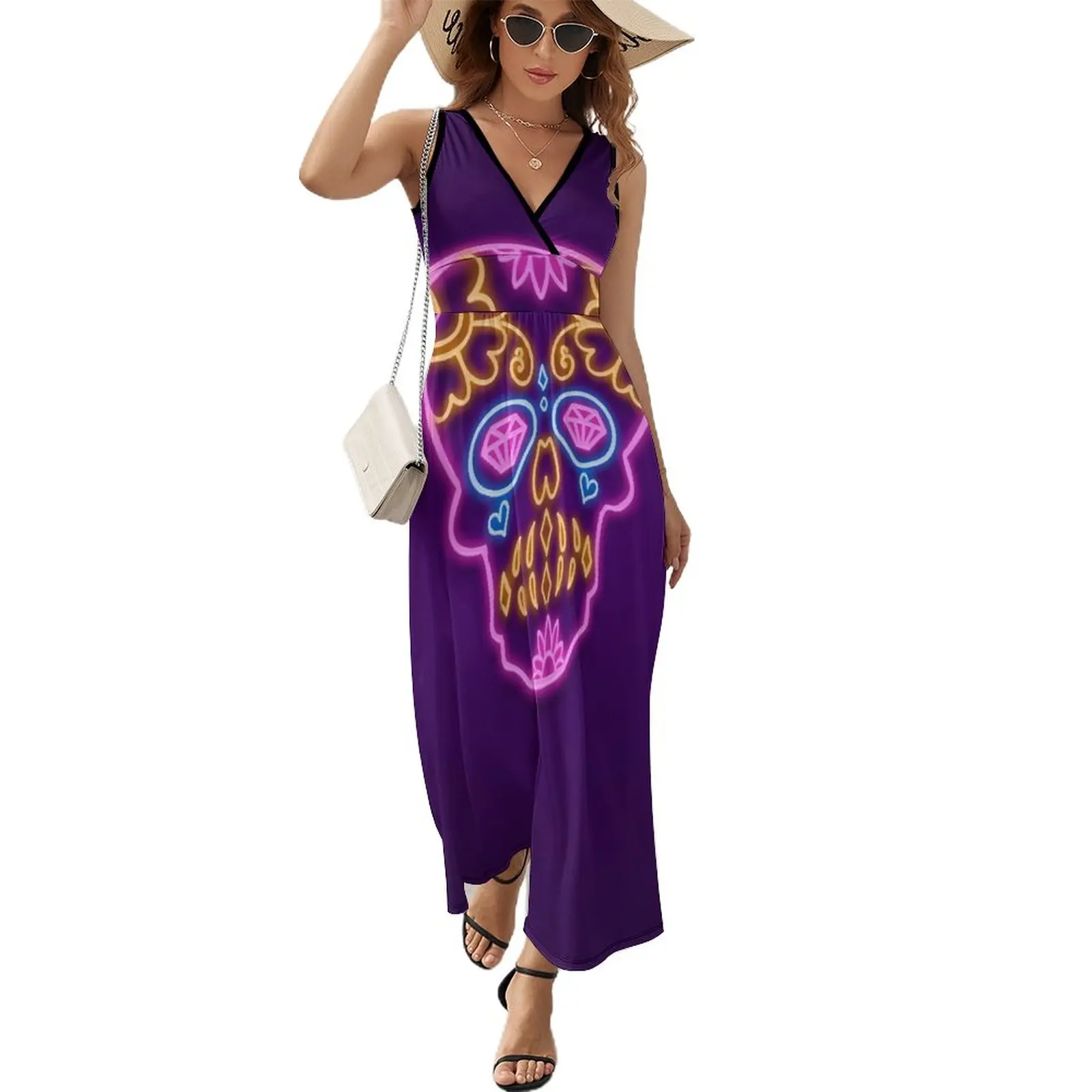 

Purple Neon Skull Dress Street Style Bohemia Long Dresses Women Beach Custom Maxi Dress Birthday Present