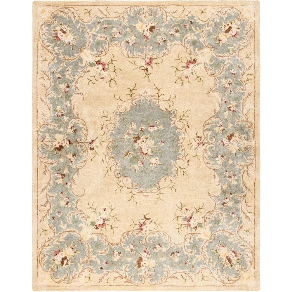 Bergama Collection Area Rug - 9' x 12', Ivory & Light Blue, Handmade French Country Wool, Ideal for High Traffic Areas