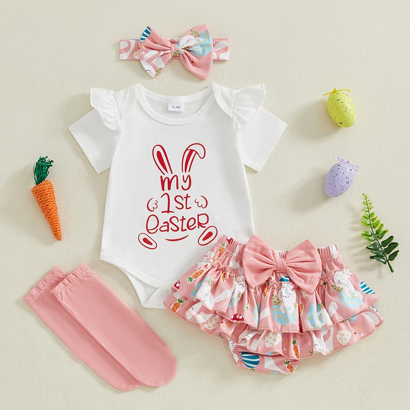 Baby Girl Easter Outfit Rabbit Short Sleeve Romper Layered Ruffle Shorts Bow Headband Socks Cute Spring Bunny Clothes Set