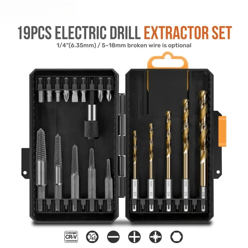 19pcs Screw Extractor and Left Hand Drill Bit Set - Cobalt HSS Drill Bits, Broken Damaged Screw Extractor Set