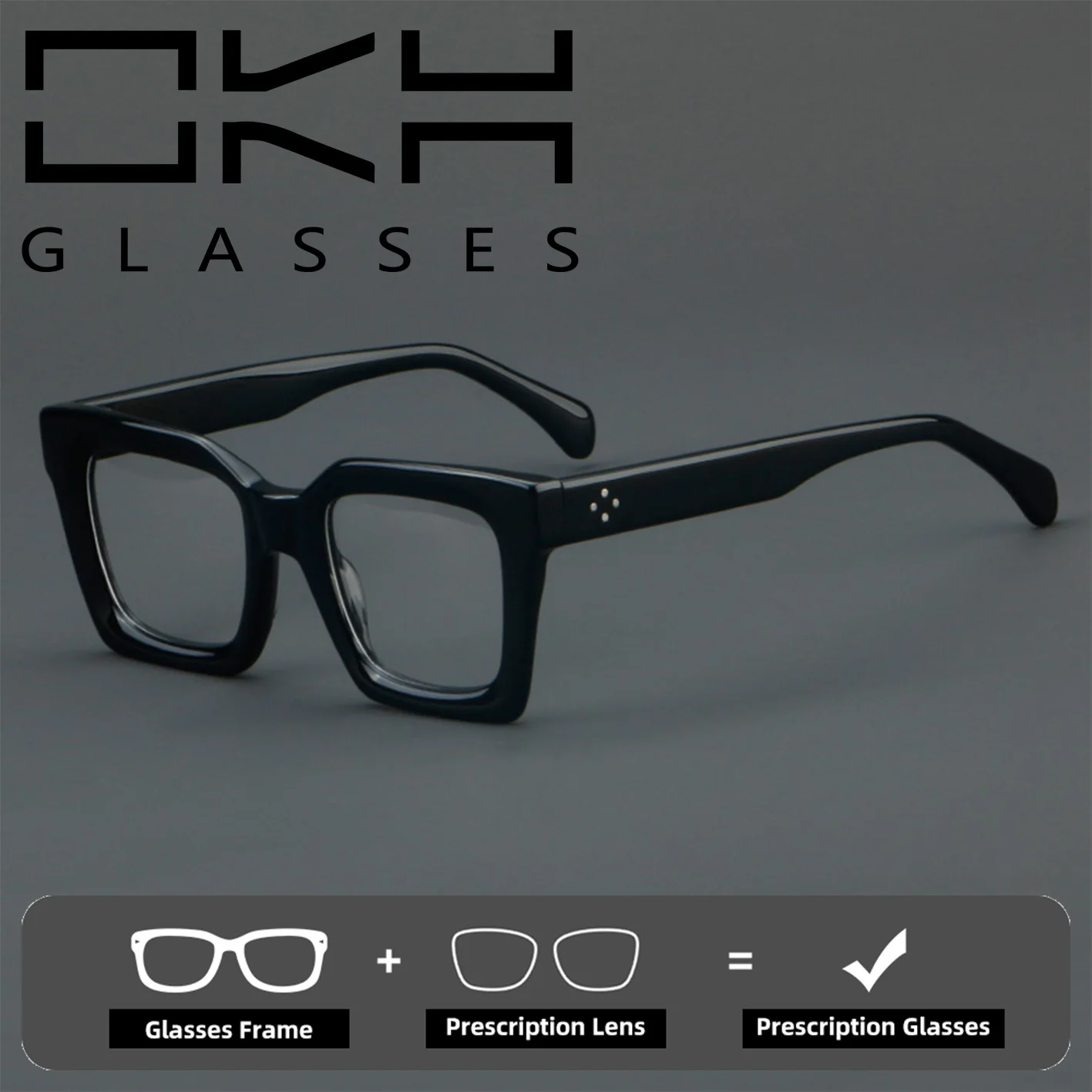 OKH Big Square Prescription Eyewear Unisex Thick Acetate Eyeglass, Mixed‑color Retro Spectacles Fit Large‑Face Street Daily Use