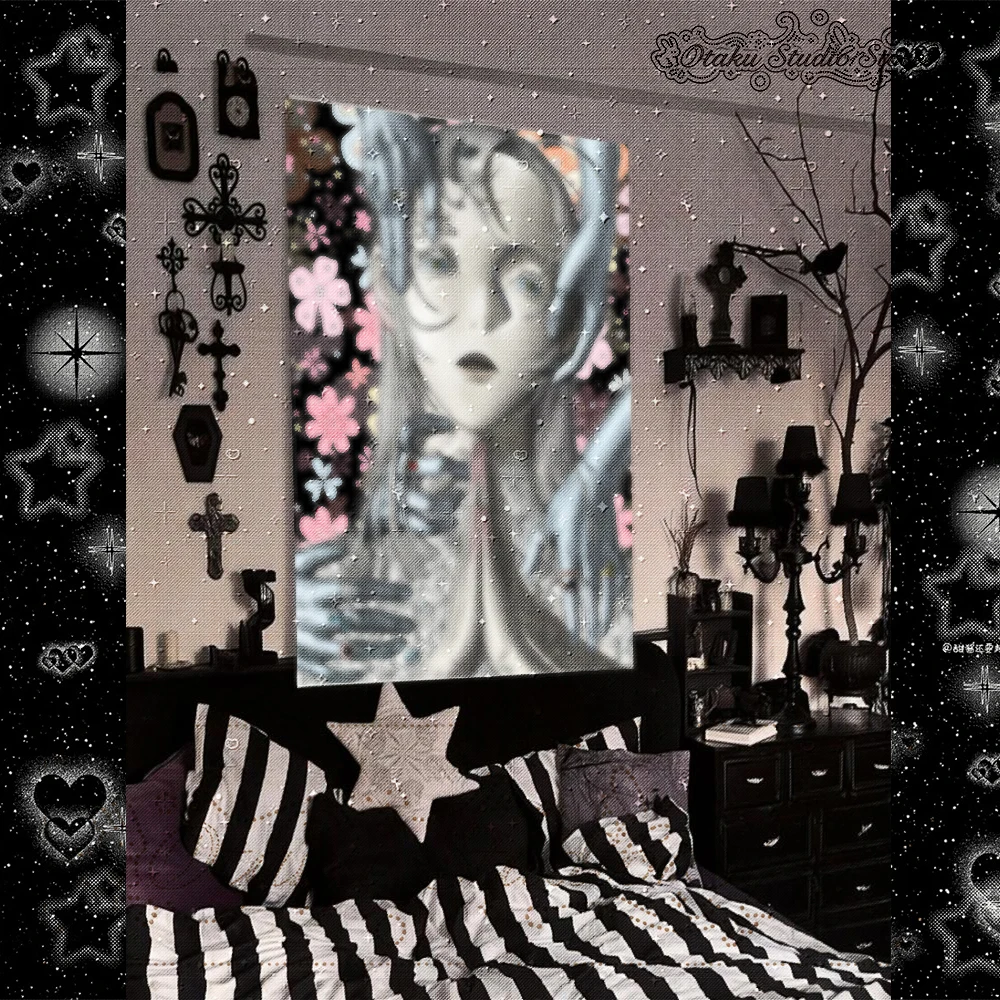 ひらひら Praying Maiden Surrounded By Hands Colorful Floral Dark Gothic Vertical Tapestry Surreal Art Door Wall Hanging