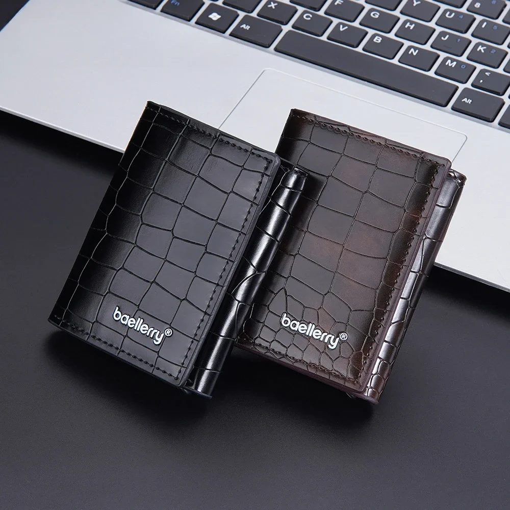 Crocodile print men's three fold card bag contains RFID metal aluminum box automatic card clip bus ID card