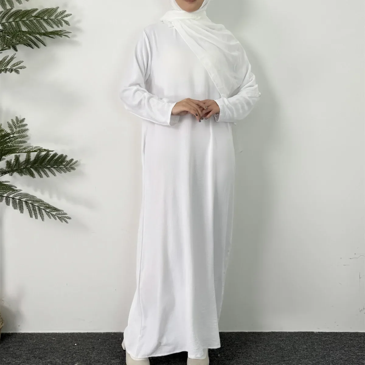 Vestido largo de Ramadán para mujer, de cuello redondo caftán, sólido, elegante, manga larga, Abaya musulmana, vestido Maxi suelto, ropa de mujer
