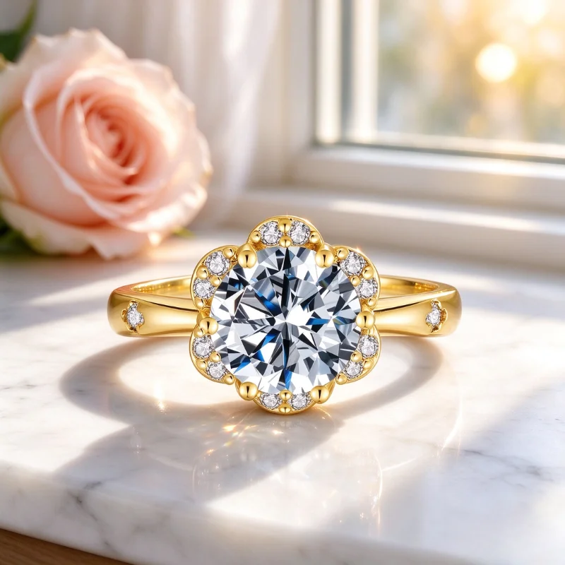3CT Flower Shaped CZ Engagement Ring for Women, 18K Yellow Gold Plated Floral Solitaire Wedding Promise Band, Luxury Fine Jewelry for Anniversary & Holiday Gifts 7
