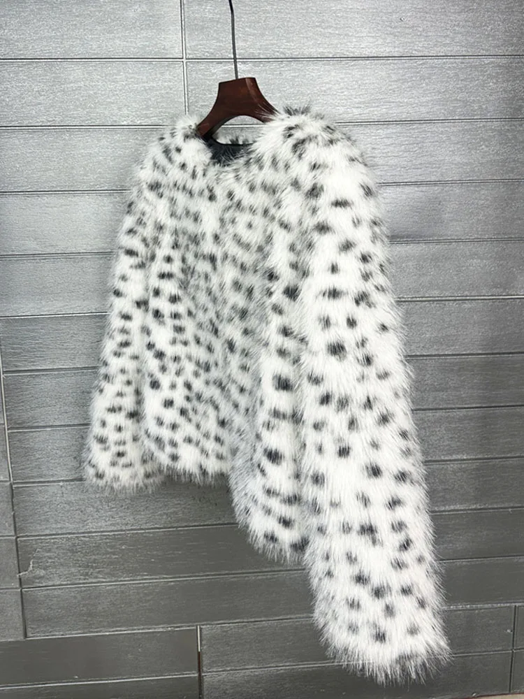 ZADORIN Preppy Style White Leopard Black Dots Faux Fur Coat Women O-Neck Furry Short Faux Fur Jacket Winter Clothes Women 2024