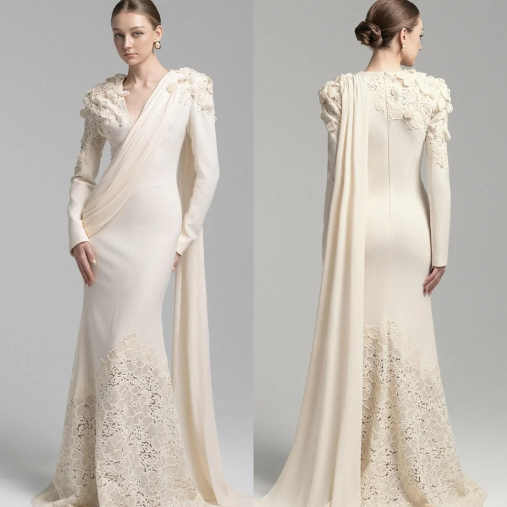 

Customized Classic White Jersey Homecoming Dress Temperament V-Neck Long Sleeves Appliques Lace Mermaid Zipper Back Vestido De N