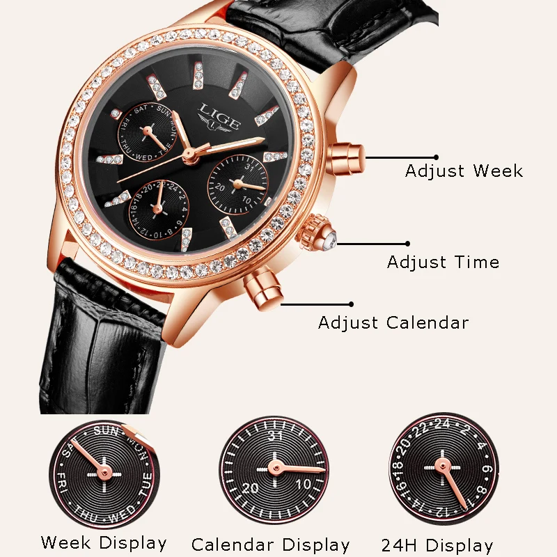 LIGE New Top Luxury Brand Women Watches Leisure fashion Leather Quartz Ladies Diamond Fashion Watch Female Gift Relogio Feminino