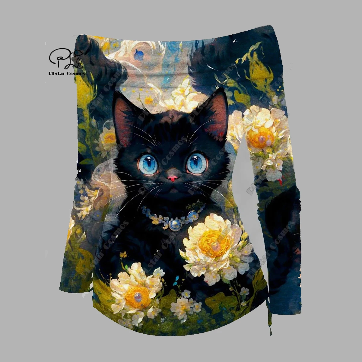PLstar Cosmos 3D printed animal series cute kitten pattern printed off-shoulder pleated tight T-shirt women's casual top