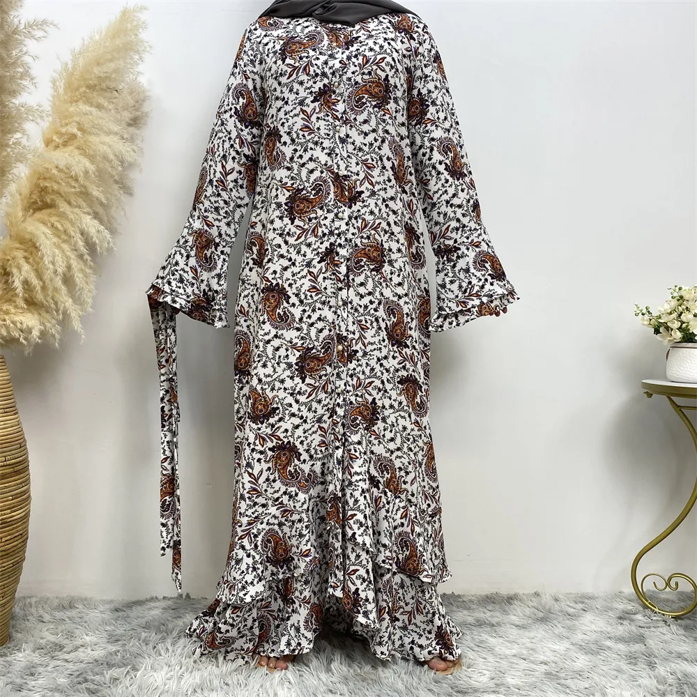 Vintage Long Dress Muslim Casual Abaya Islamic Dress Arab Turkish Women Fashion patchwork flared long sleeve full button