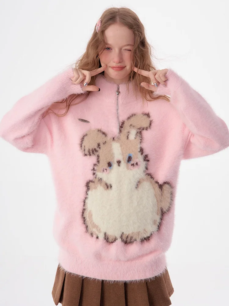 

Vintage American Sweet Sweater Women Faux Mink Cashmere Cartoon Sweet Knitted Jumper Fall Preppy Style Retro Long Sleeve Tops