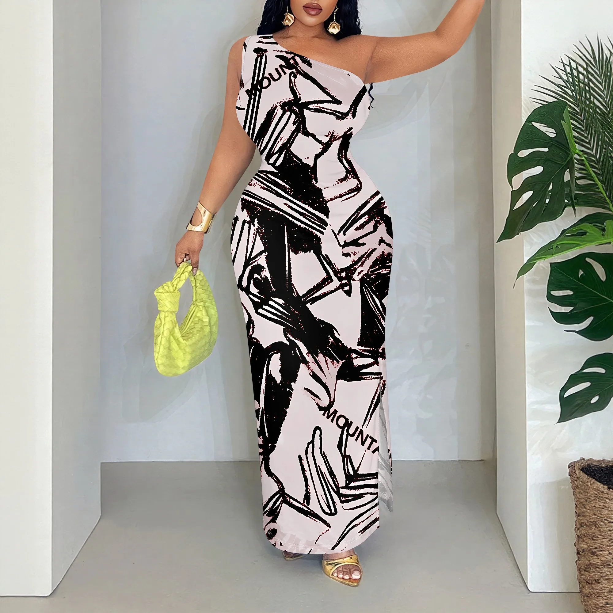 

Abstract Print One Shoulder Maxi Dress, Sleeveless Bodycon Gown, Ruched Party Clubwear for Women, S-2XL