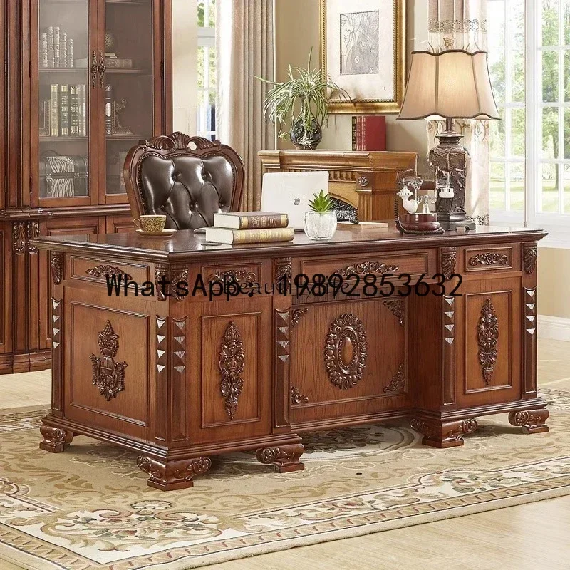 LYY .American all-solid wood desk home European desk retro engraving