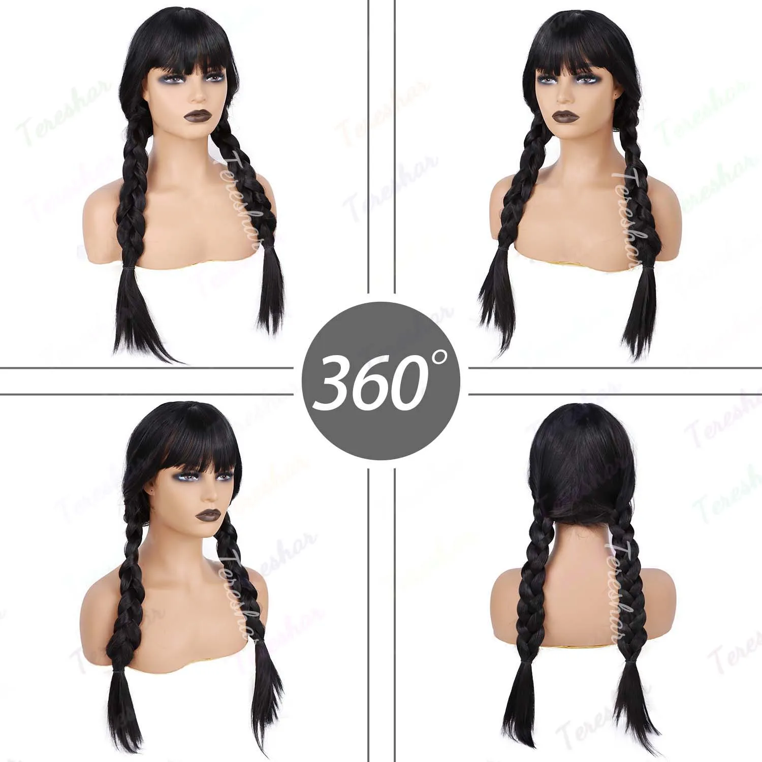 Synthetic Wednesday Long Black Braids Hair Cosplay Wig Heat Resistant Wigs with Bangs for Halloween Cosplay Party Daily Use