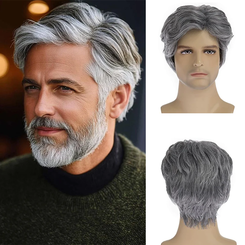 A 6-Inch Short Mixed Grey Straight Hair Layered Synthetic Wig With Side Bangs, Suitable For Men'S Daily Party Cosplay Wigs