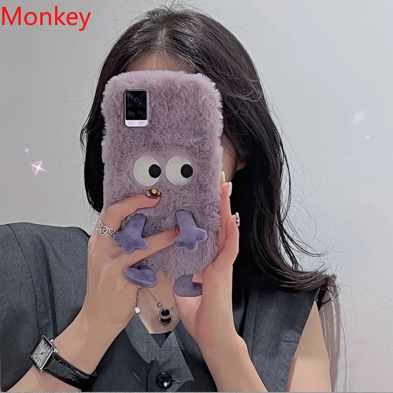 Korean Cute Cartoon Fuzzy Plush Phone Shockroof Case For VIVO Y22 Y21 Y31 Y33S Y35 Y76S Y15A Y77 Y16 Y02S V25 V23 V21 V20 V15 S1