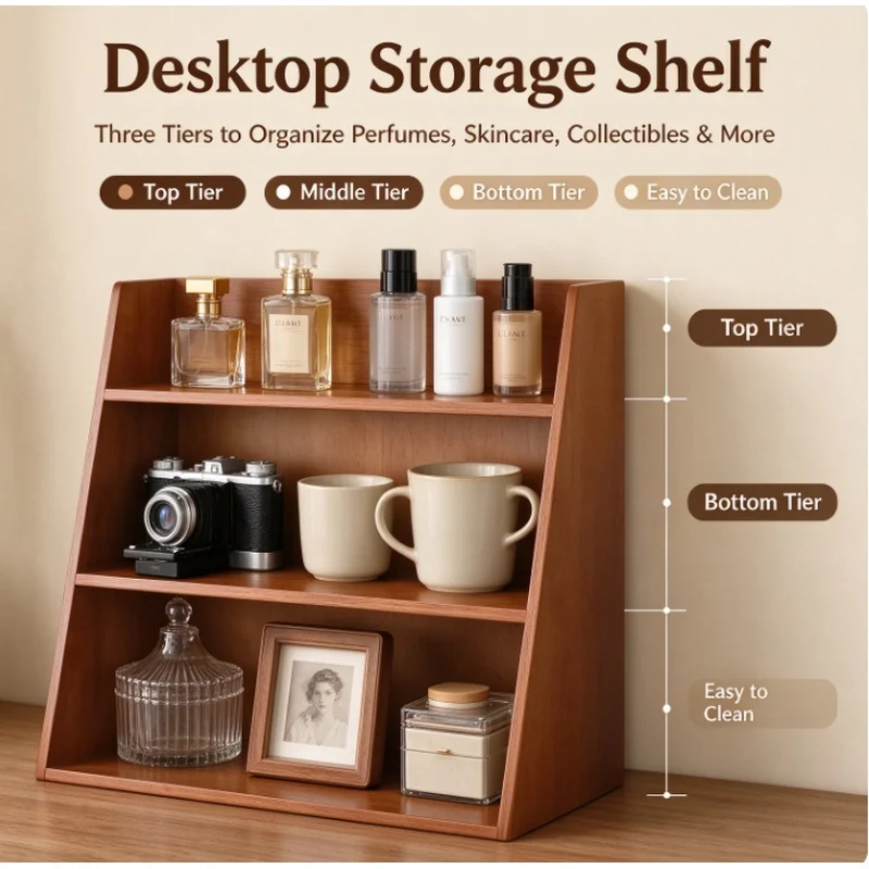 Solid Wood Cosmetic Storage Rack, Multi‑Layer Retro Desktop Organizer, Cup Sample Storage Box, Multifunctional Vanity Shelf