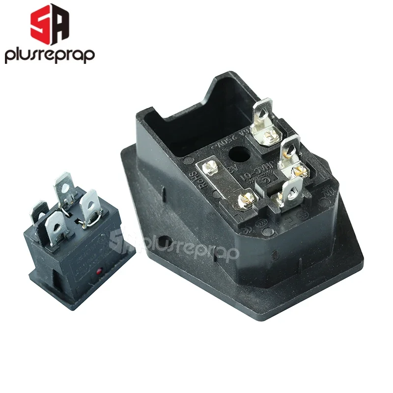 15A 250V 電源スイッチ AC 3ピン電源ソケット、赤色トリプルロッカースイッチ、銅製三脚、ヒューズ付き、3Dプリンター用