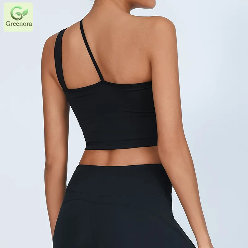 Greenora One Shoulder Sports Bra Women Buckle Strap Cut Out Crop Top Gothic Punk Gym Wear Asymmetric Sleeveless Yoga Tank Tops