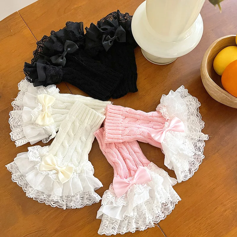 Lolita Bowknot Fake Sleeve for Women Girls Knitted Lace Ruffles Cuffs False Sleeves Gothic Fingerless Detachable Wrist Warmer