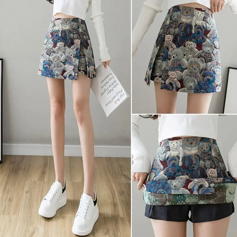 Bear Embroidered Split Mini Skirt Women 2023 New High-waisted Hip A-line Short Y2k Skirt Medieval Skirt Female