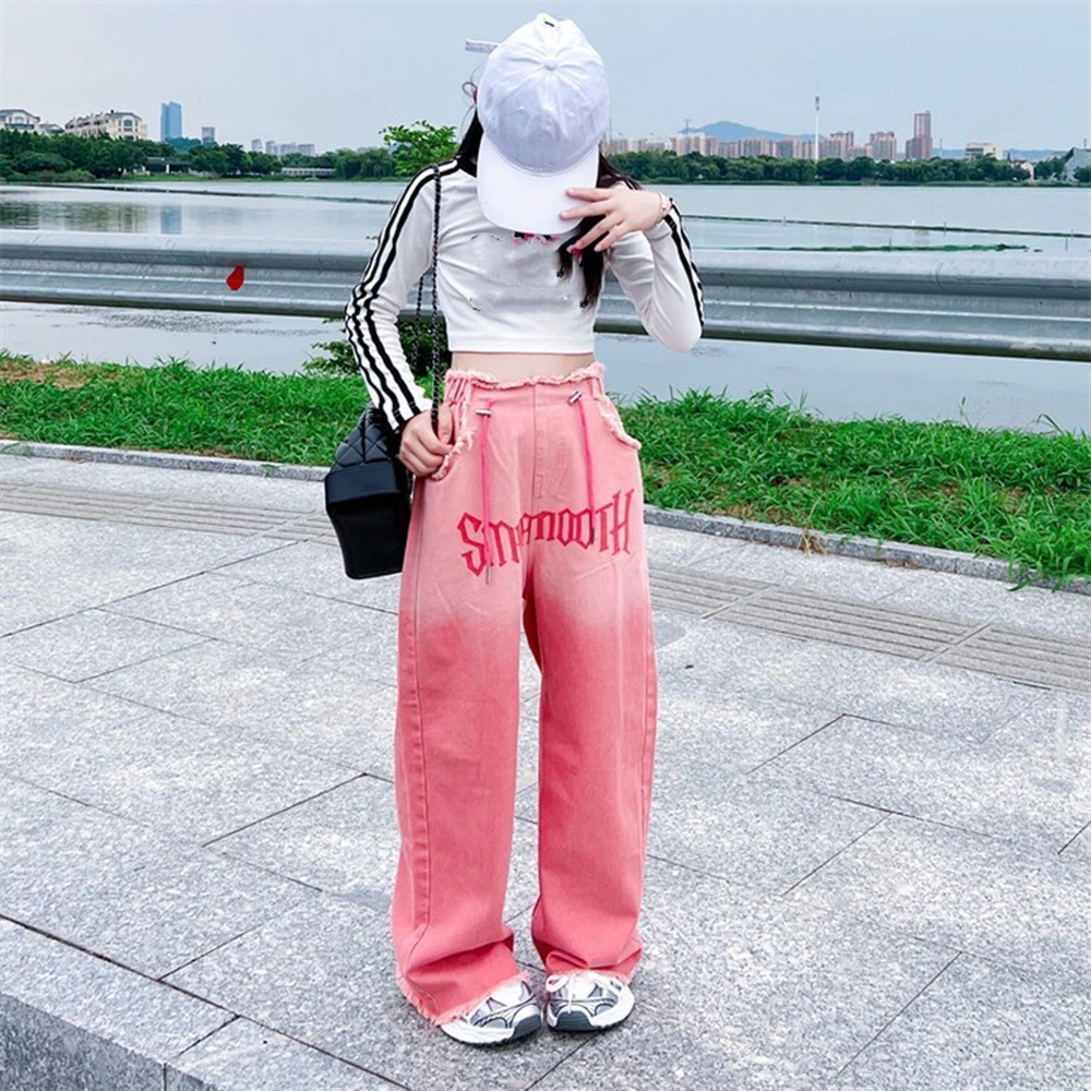 Teenage Girls Fashion Gradient Long Jeans New Autumn Hot Deal Elastic Waist Trousers Cool Hip Hop Streetwear Kids Denim Pants