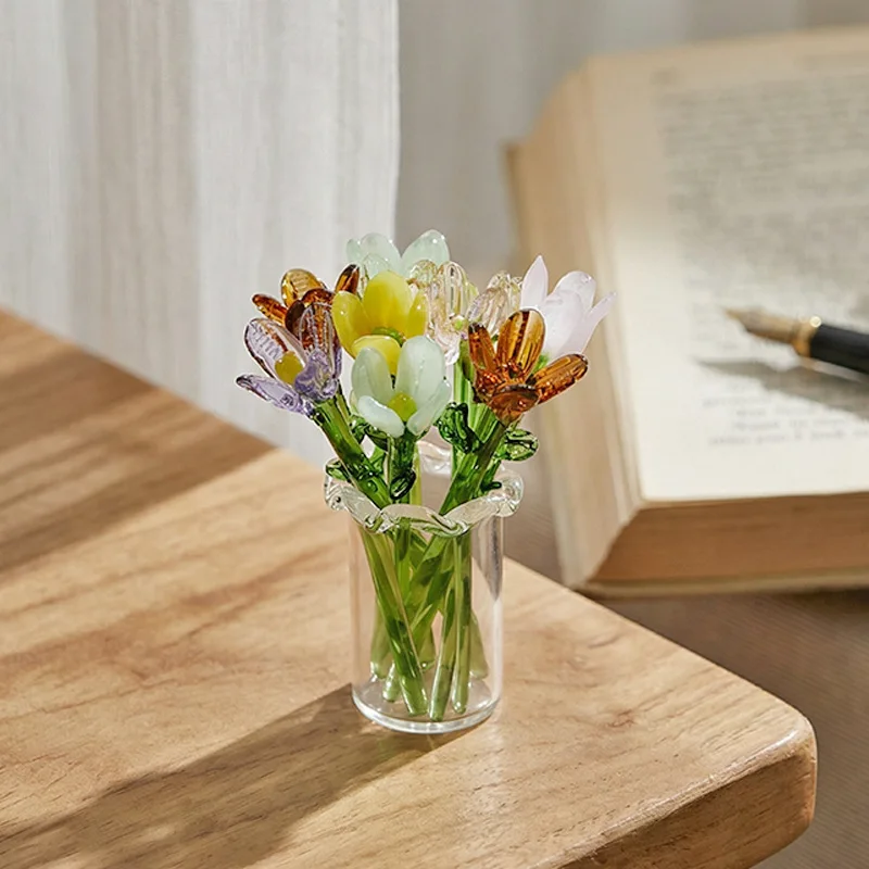 Handmade Glass Flower Bouquet - Mini Everlasting Flower for Desk Decor, Fresh Home Ornament, Gift for Her