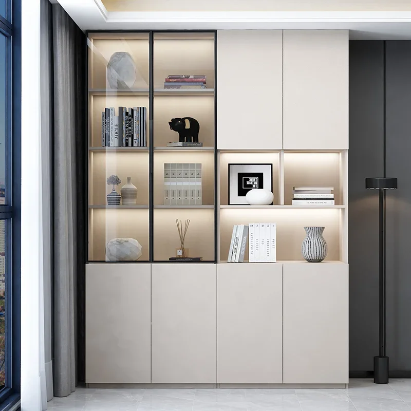 Living room storage, dust-proof, display cabinet with glass door, light luxury, custom home whole wall bookshelf