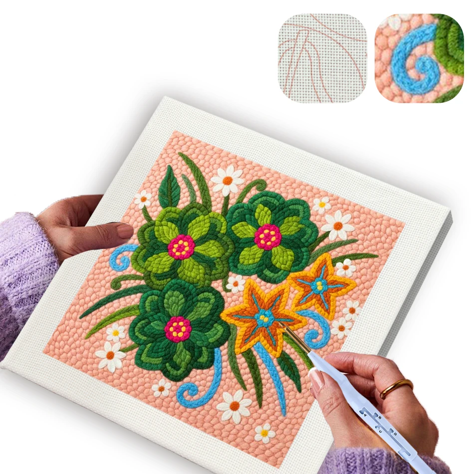 

GATYZTORY punch needle embroidery Yarn 25x25cm wooden embroidery hoops Flowers green wall decoration handmade painting Bold Neon