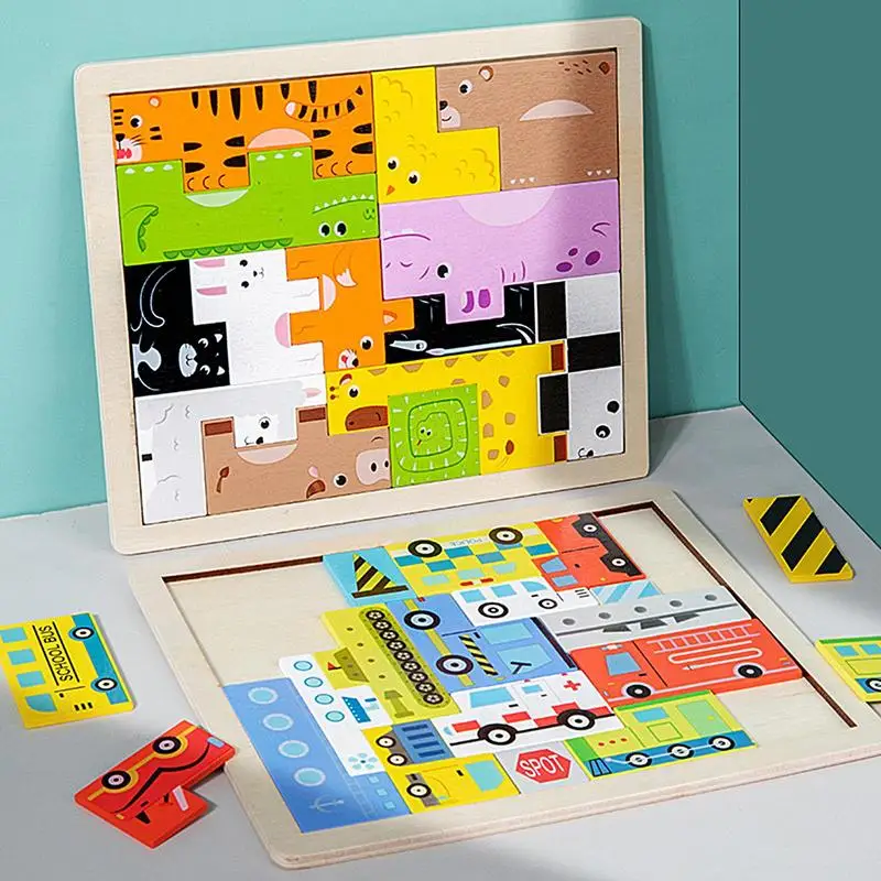 Деревянные блоки-пазлы, игрушка, Интерактивная мультяшная головоломка Tangram, Геометрическая игрушка, игрушка для раннего развития, подарок на Рождество и день рождения для детей