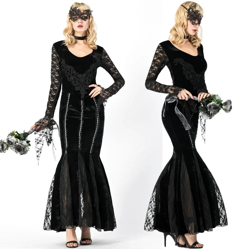 Black Velet Halloween Lace Sexy Vampire Costume Women Masquerade Party Cosplay Vampire Queen Role Play Swallowtailed Dress