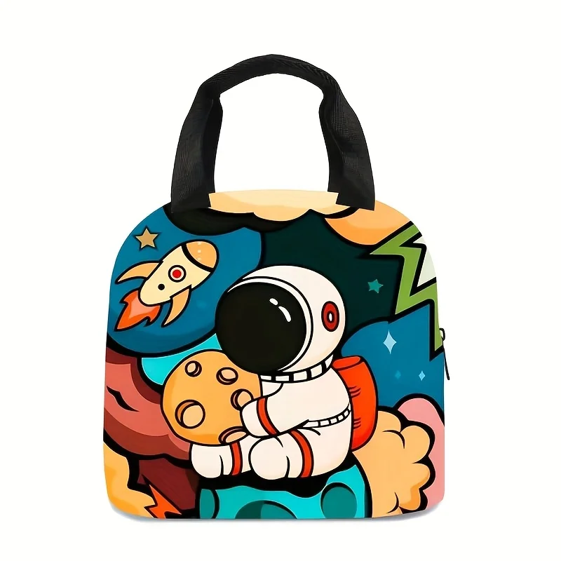 Cartoon Astronaut Print Lunch Bag Cute Space Rocket Planet Pattern Insulated Tote Reusable Cooler Bag Space Lovers