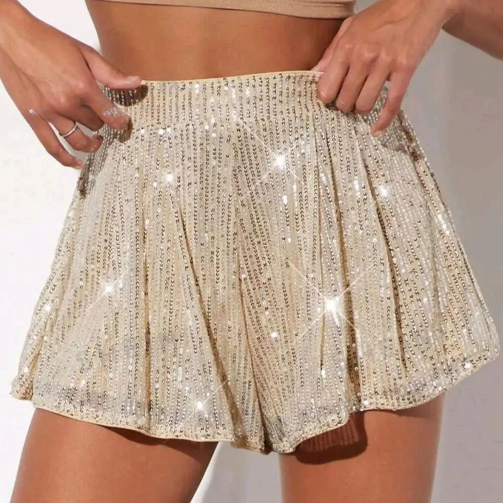 Women Shorts Sparkling Sequin Dance Shorts for Women High Waist A-line Performance Shorts Shimmering Above Knee Length Bottoms